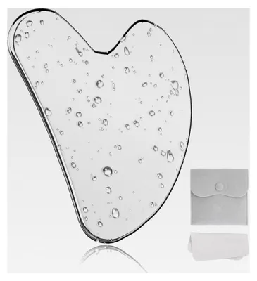 Produktbild von Gua Sha, Gesichtsmassagegerät aus Edelstahl, zur Anwendung gegen leichte Schwellungen, mit Tragetasche und Reinigungstuch für Gesicht und Körper
