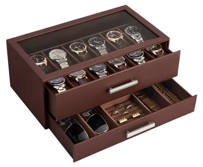 Produktbild von Uhrenbox Uhrenkoffer Uhrenaufbewahrung - 12 Fächer - 2 Ebenen - 34 x 19 x 14 cm - Kunstleder