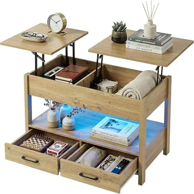 Image de Table basse multifonctionnelle avec espace de rangement, table basse réglable en hauteur avec tiroir, meuble de salon, table d'appoint en bois avec espace de rangement, table de salon moderne