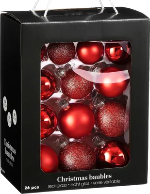 Zdjęcie produktu dla Zestaw 26 sztuk ozdób: okrągłe czerwone szklane ozdoby mix 5-7 cm