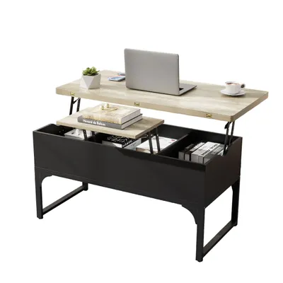 A lift-top coffee table with storage, shown in a studio setting against a white background.