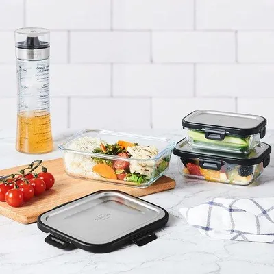 Produktbild von Silberthal Frischhaltedosen Vorratsdosen Glas Edelstahl 3er Set Klickverschluss