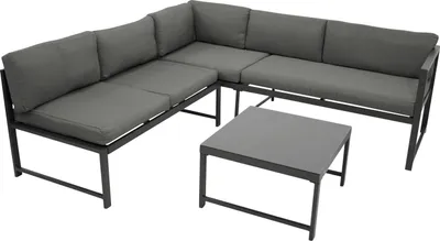 A sectional outdoor sofa set with a coffee table on a white background.