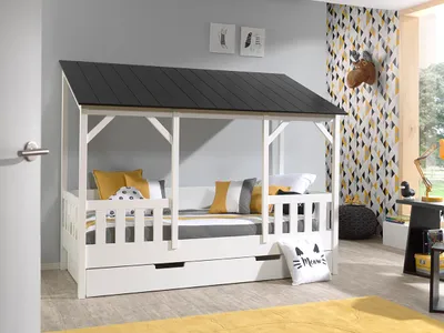 Produktbild von Bett Hausbett 90x200 cm Bettschublade Korpus Weiß lackiert