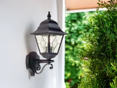 Produktbild von LED Außenwandleuchte stehend im Landhausstil mit Bleiglas, Hausbeleuchtung 44cm