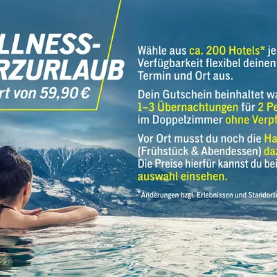 Produktbild von Jochen Schweizer Wellness Kurzurlaub für 2 (3 Nächte); Erlebnis verschenken oder selbst erleben;  Gutschein gültig für 2 Personen