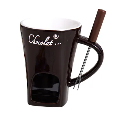 Produktbild von 130ml Schokofondue Tasse mit Gabel für Schokolade Käse Butter Karamell, Dunkelbraun