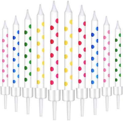 50 Geburtstagskerzen mit Punkten, 5 Farben, inkl. Halter