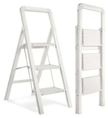 Produktbild von Trittleiter, zusammenklappbar, 3-stufig, Aluminium, faltbar, rutschfest, tragbar, stabil, für Zuhause und Küche, Büro, 150 kg