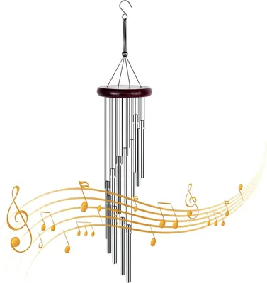 Produktbild von Windspiele für den Außenbereich mit 12 melodischen Windspielen aus massivem Holz und Aluminiumrohren, musikalisches Windspiel für den Innenbereich, Garten, Terrasse, Balkon, Heimdekoration, Geschenk, Silber