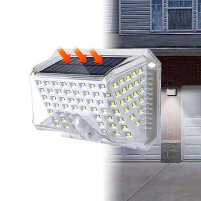 A solar-powered outdoor light is shown in a split image. The left side shows a close-up of the light with arrows indicating sunlight hitting the solar panel. The right side shows the light mounted on a brick wall above a garage door, illuminating the area.