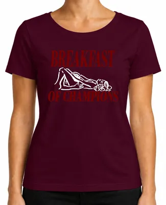 Imagen del producto de Camiseta para mujer, diseño "Breakfast of Champions", marca Lustig, con doble sentido, humor para adultos, color burdeos, talla L