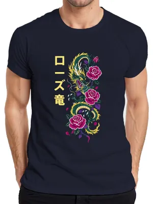 Produktbild von ローズ竜 Japanischer Drache Rosen Tattoo Rose Japan Y2K Irezumi Asia Herren T-Shirt, Navy, L