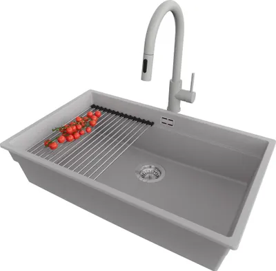 Produktbild von PRIMAGRAN Granitspüle Grau 76x47cm, Spülbecken 1 Becken + Küchenarmatur 40x20cm + Ablauf-Set + Küchenzubehörset, Küchenspüle ab 80er Unterschrank - Praga Slim