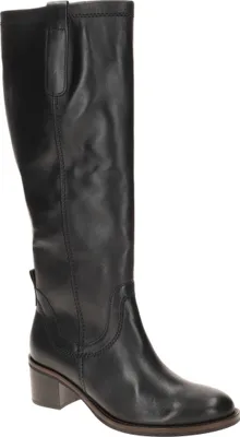 A black leather boot on a white background.