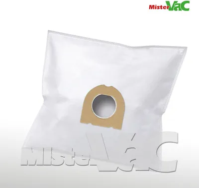 A white vacuum cleaner bag with a brown cardboard opening is shown against a white background. The brand name 'MisterVac' is visible in the top right corner and as a watermark at the bottom.