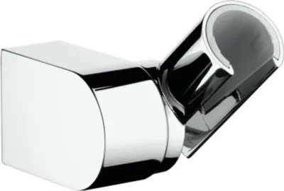 A chrome shower holder mounted on a wall.
