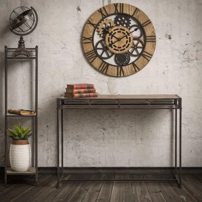 Produktbild von Rechteckiger Konsolentisch aus schwarzem Metall mit Holzplatte, 110 x 40 x 80 cm