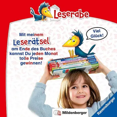 A young girl is holding a stack of books on her head, with cartoon birds and text promoting a reading game.