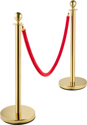 Produktbild von Absperrpfosten Set 4er, Edelstahl Kugelkopf Abgrenzungsständer, goldene Säulen mit 2 roten Samtseilen | 4 × 96 cm Höhe | Seil 1,5 m | Basis Ø 32 cm