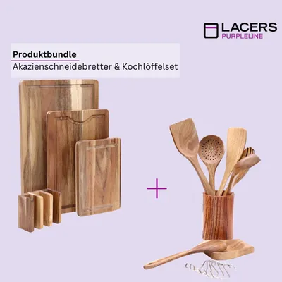 Produktbild von Lacers PurpleLine - Bundle - Holzschneidebrett 4-teilig mit Saftrille & rutschfesten Füßen & 14-teilig Kochlöffelset aus Akazienholz