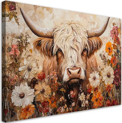 Produktbild von Leinwandbild Schottische Kuh Retro Blumen 60x40 Feeby Beige bild für die wand bereit zum aufhängen
