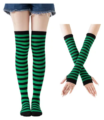 Produktbild von Gestreiftes Arm- und Beinstulpen-Set für Damen, Winter-Strickstrümpfe, kniehoch, lange fingerlose Handschuhe – perfekt für Weihnachten und Halloween