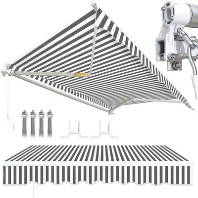 Immagine prodotto di Tenda da sole a braccio articolato, 350 x 300 cm, telaio in alluminio, impermeabile, poliestere 280 g/m², realizzata a mano, per terrazze e balconi, a righe bianche e grigie