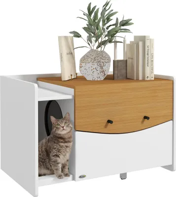Image de PawHut armoire à litière pour chat, armoire à litière avec placard coulissant, tapis collecteur de litière, maison pour chats d'intérieur, 78 x 50 x 51 cm, chêne