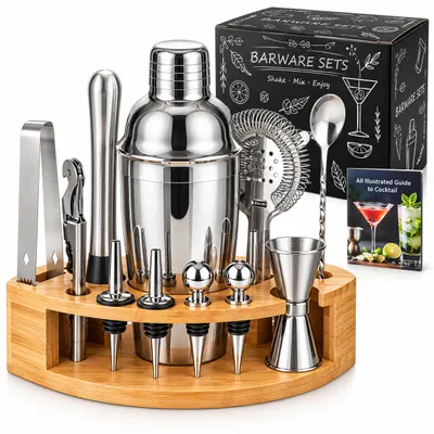 Produktbild von 12-teiliges Cocktail Shaker Set 750 ml aus Edelstahl, Barkeeper Set mit Ständer, Bar Zubehör für Cocktails, Martini & Hausbar, Silber