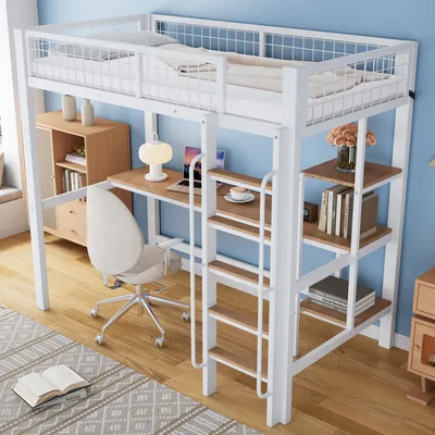 Image de MODFU Lit Mezzanine 90x200 cm - Avec Bureau Fonctionnel et Étagères de Rangement, Barrière Sécurité Incluse - Sans Matelas - Métal MDF - Blanc + Naturel