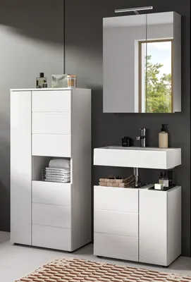 Produktbild von Badmöbel Set 3-teilig "Larik" in weiß Hochglanz Badkombination 135 x 190 cm