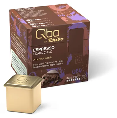 Produktbild von Tchibo Qbo Espresso Flavoured Dark Chocolate Premium Kaffeekapseln, 8 Stück (Espresso, Intensität 7/10, aromatisch und schokoladig), nachhaltig & aus 70% nachwachsenden Rohstoffen¹
