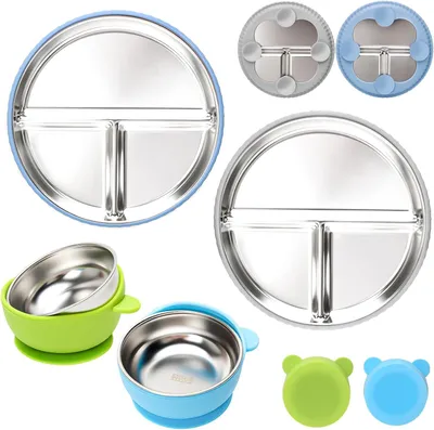 Produktbild von Babygeschirr Set 4 Stück, Edelstahl, mit Silikon Saugnapf, für Babys