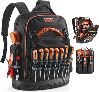 Immagine prodotto di Zaino portautensili VEVOR, 64 tasche, organizzatore di utensili, zaino con scomparto per laptop e base sagomata, zaino da cantiere per elettricisti, riparatori e termotecnici