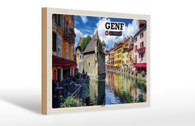 Produktbild von Holzschild Reise Genf Schweiz Altstadt Fluss 30x20cm