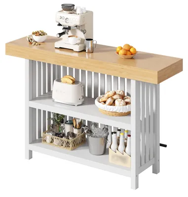 Imagen del producto de Mesa auxiliar con reposapiés y estante de dos niveles, 160x40x105 cm, mesa auxiliar de pie blanca de MDF para cocina, comedor y bar en casa