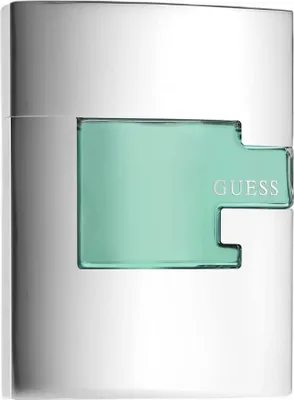 A close-up, studio shot of a Guess Man Eau de Toilette bottle.