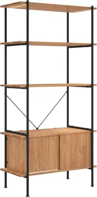 A freestanding bookshelf with a cabinet at the bottom, against a white background.