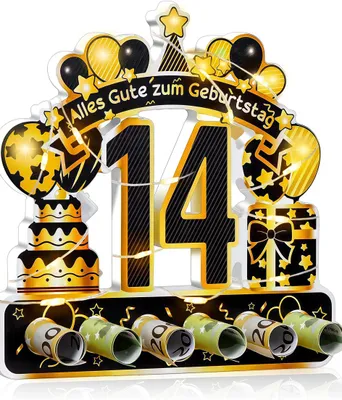 Geldgeschenk 14. Geburtstag mit LED-Lichterkette, Holzdeko, 18x16x1,2 cm