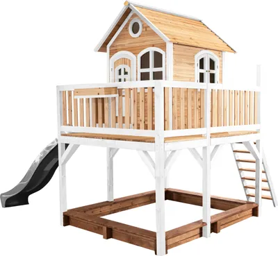Produktbild von AXI Spielhaus Liam mit Sandkasten & grauer Rutsche | Stelzenhaus XXL in Braun & Weiß aus  Holz für Kinder | Spielturm mit Wellenrutsche für den Garten