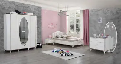 Produktbild von Möbel Jugendzimmer Set Bett Kleiderschrank Nachttisch Kommode mit Spiegel 4tlg