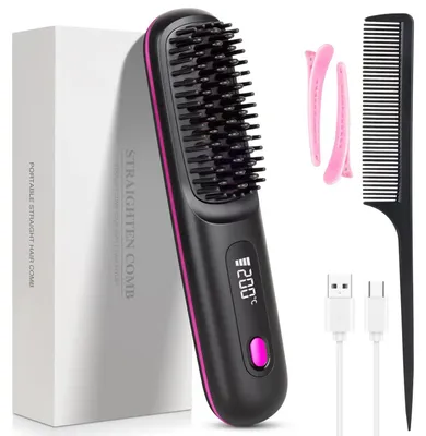 Produktbild von Tragbare Haarglätterbürste mit USB-Aufladung, kabelloser Glättkamm, LED-Anzeige und Keramikbeschichtung, Ionische Technologie.Farbe:Schwarz
