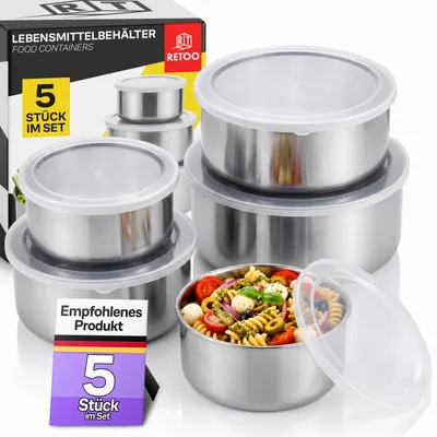 Produktbild von Lebensmittelbehälter mit Deckel 5-tlg Lunchbox Set aus Edelstahl Frühstückstasse Suppenschüssel Aufbewahrungsdosen Frischhaltedosen Silber Retoo