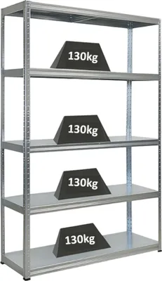A metal shelving unit with weights on each shelf.