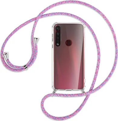 Produktbild von Handykette Backcover-Schutzhülle mit Band (Metall silberfarben) für Motorola Moto G8 Plus - lila/rosa/blau