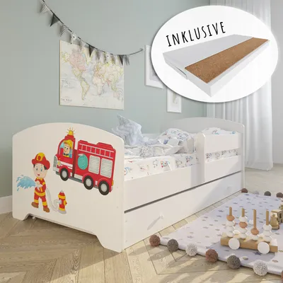 A child's bedroom with a bed decorated with a fire truck theme.