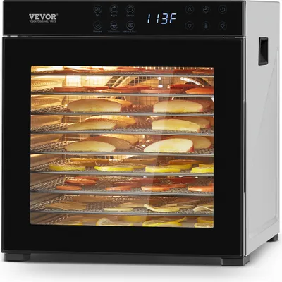 A VEVOR food dehydrator with multiple trays filled with food, displayed in a studio setting.