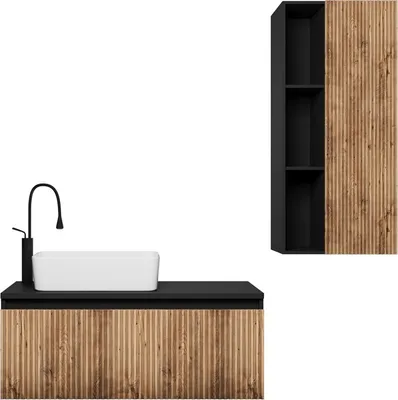 Produktbild von Easy4You Matt Schwarz/Eiche Unterschrank WOTA 100 cm mit Schublade + Hängeschrank 45x100 cm Badschrank Badezimmerschrank