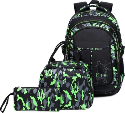 Produktbild von Schulrucksack Teenager, 20-35L Kinderrucksack Camouflage Rucksäcke Jugendliche Jungen Mädchen 3-In-1 Schulranzen, 40*31*13cm, (Schwarz, Grün)